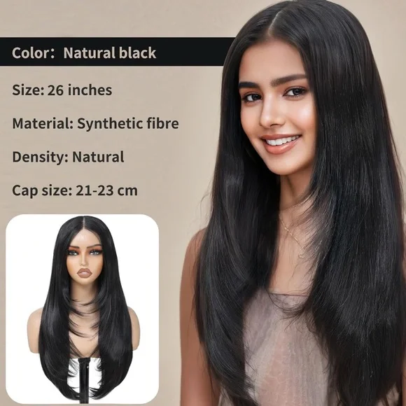 26” Black Wear and Go Glueless Wig with BangsLace Front Wigs for Women NEW